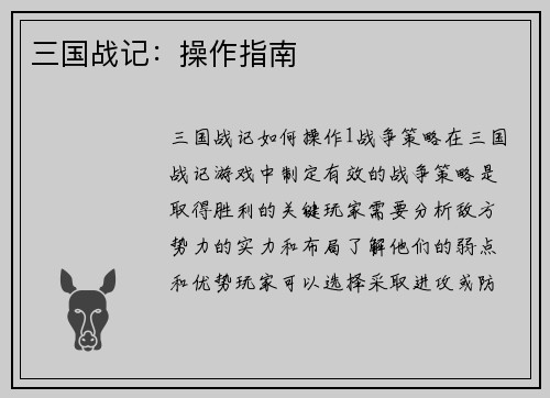 三国战记：操作指南